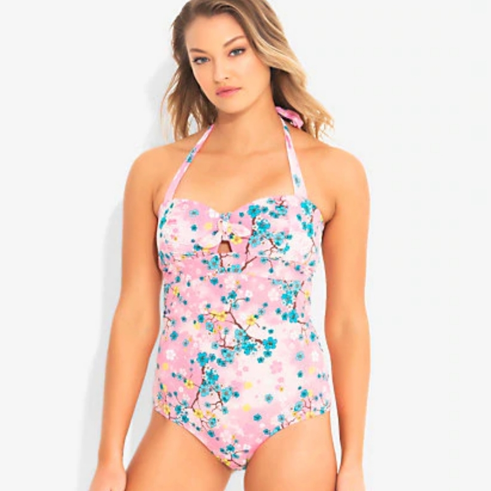 HOT TOPIC PINK CHERRY BLOSSOM ONE PIECE SWIMSUIT